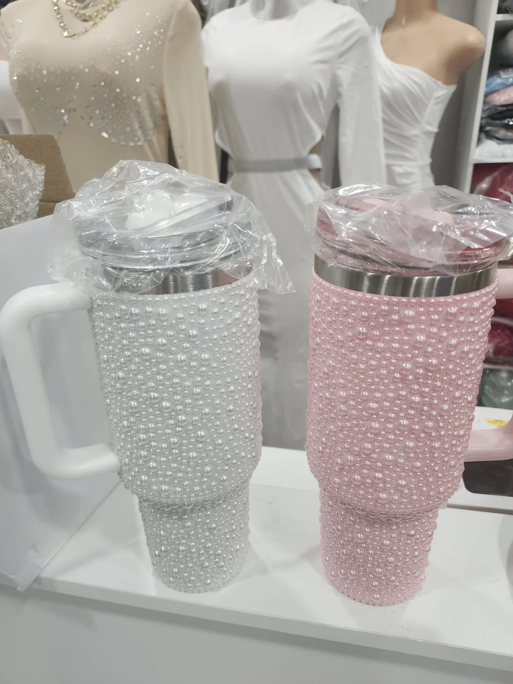 Pearl Rhinestone 40oz Tumbler with Handle - Pink and White